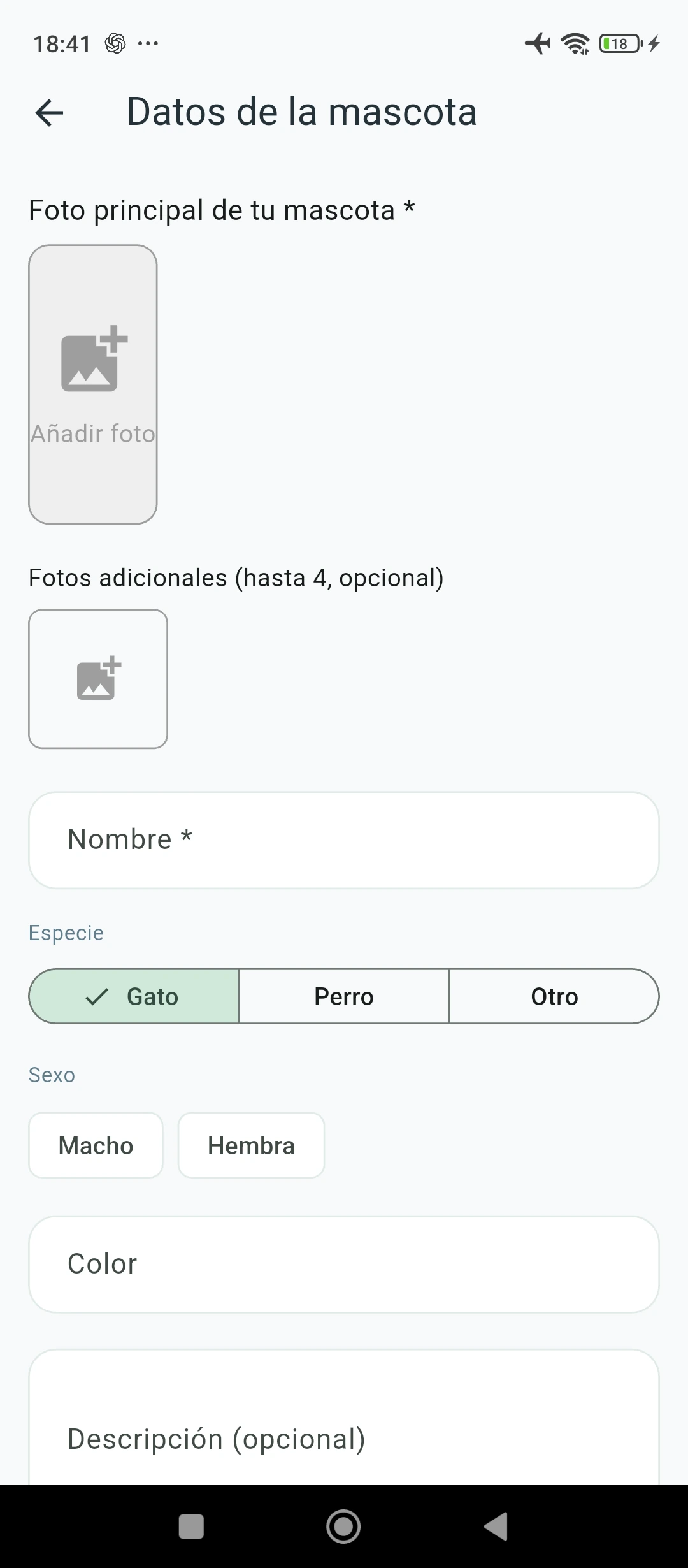 Pantalla real de Mapotas para crear una alerta de mascota