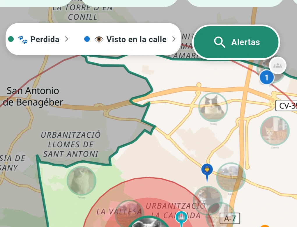 Captura real de Mapotas con una zona de búsqueda y señales de la red