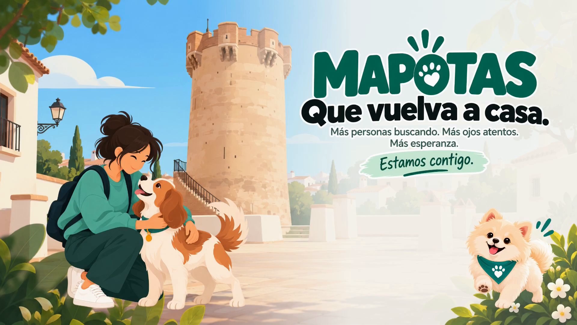 Ilustración final de Mapotas: una mujer se reúne con su perro junto al mensaje «Que vuelva a casa»; Lucas aparece a su lado.