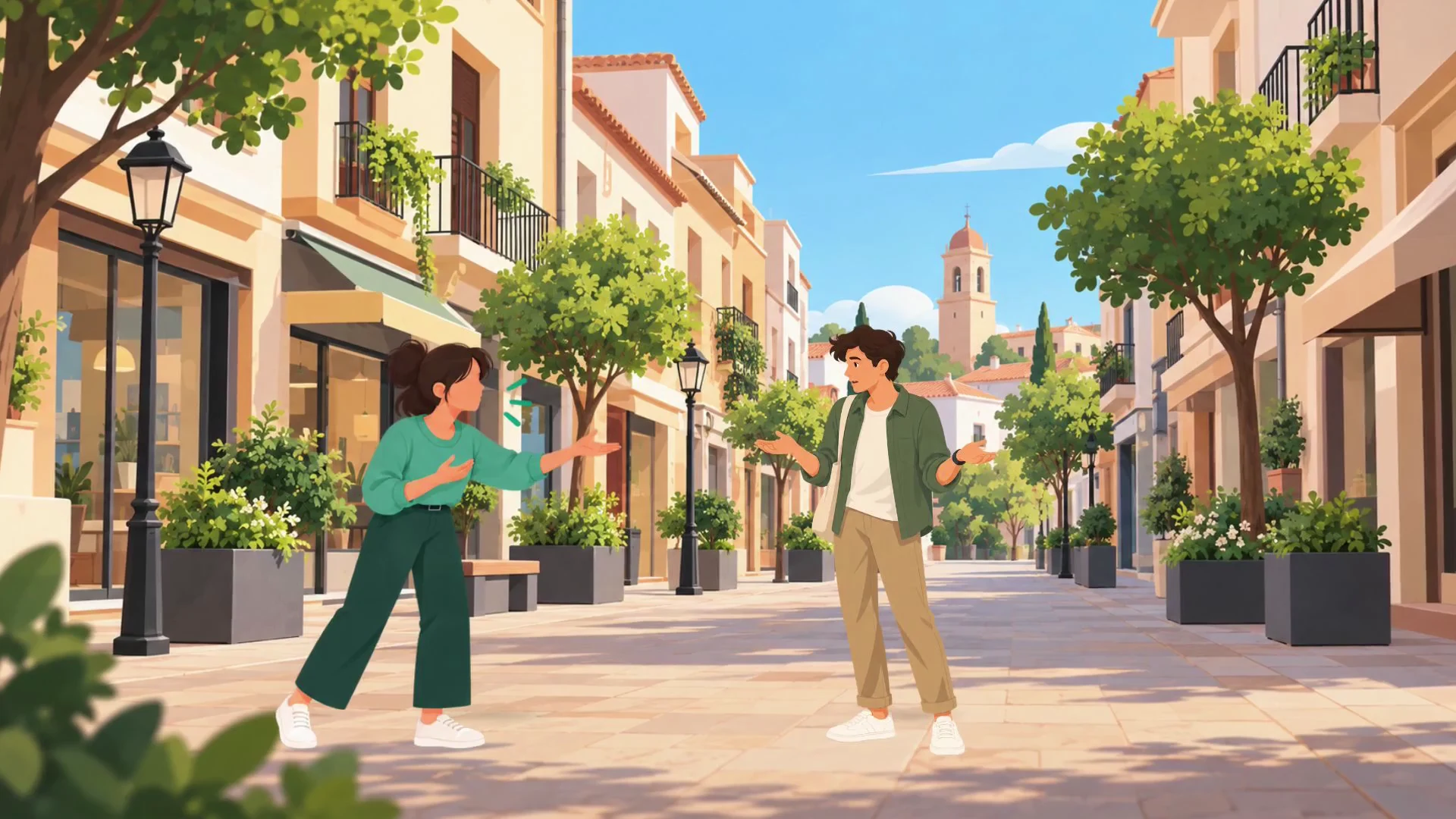 Una persona conversa con otra en una calle mediterránea; una pantalla de Mapotas muestra un avistamiento.
